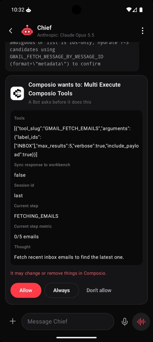 Un bot pregunta antes de actuar en una app conectada, con Allow, Always y Don’t allow