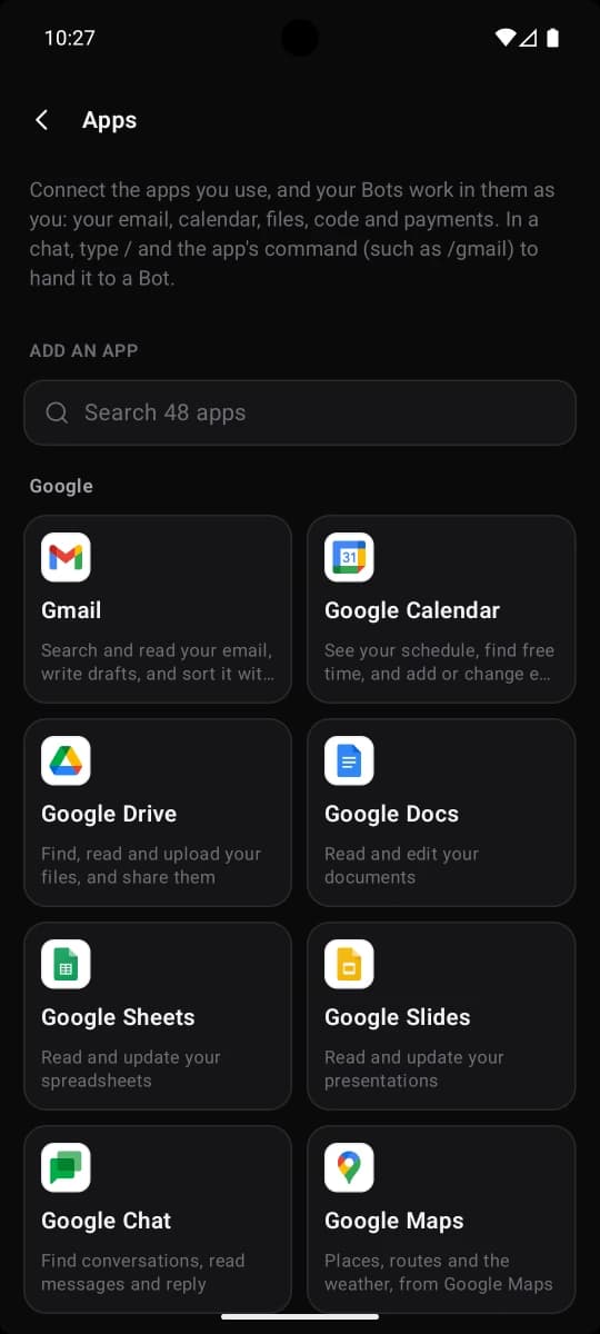 La página Apps: Gmail, Google Calendar, Drive, Docs, Sheets, Slides, Chat y Maps, listas para conectar