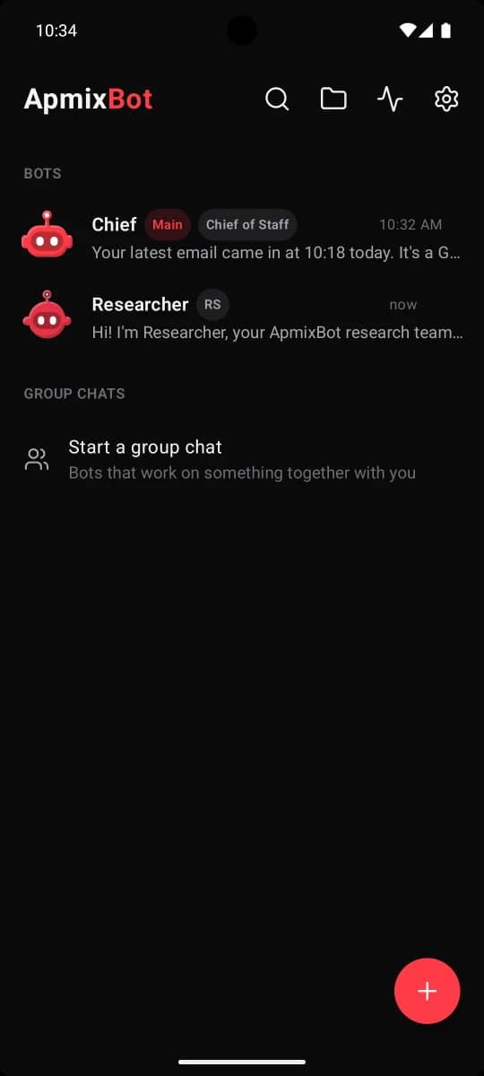 La pantalla de inicio de ApmixBot con Chief, el Main Bot, y un Researcher
