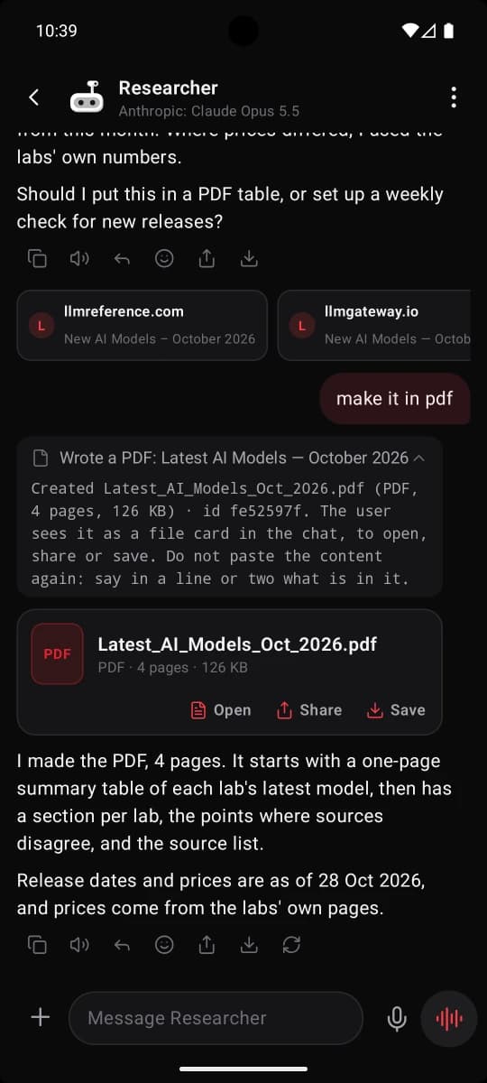 Un informe PDF hecho por el bot, como tarjeta de archivo con Open, Share y Save