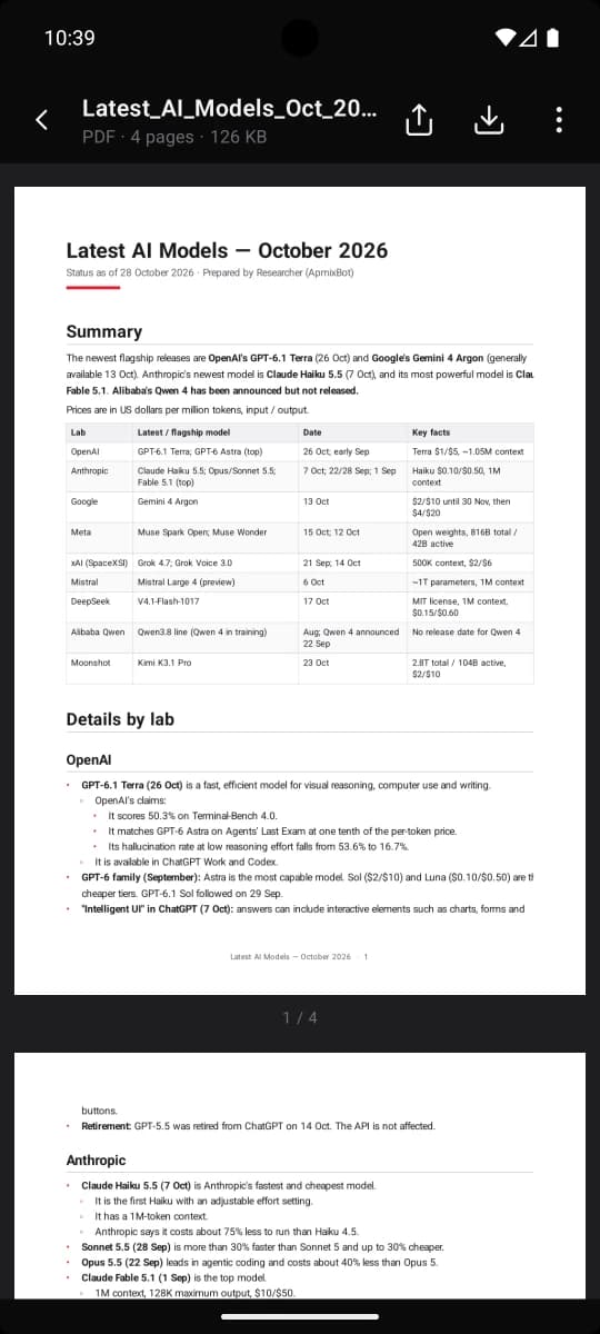 El informe PDF de cuatro páginas abierto en ApmixBot, con una tabla resumen