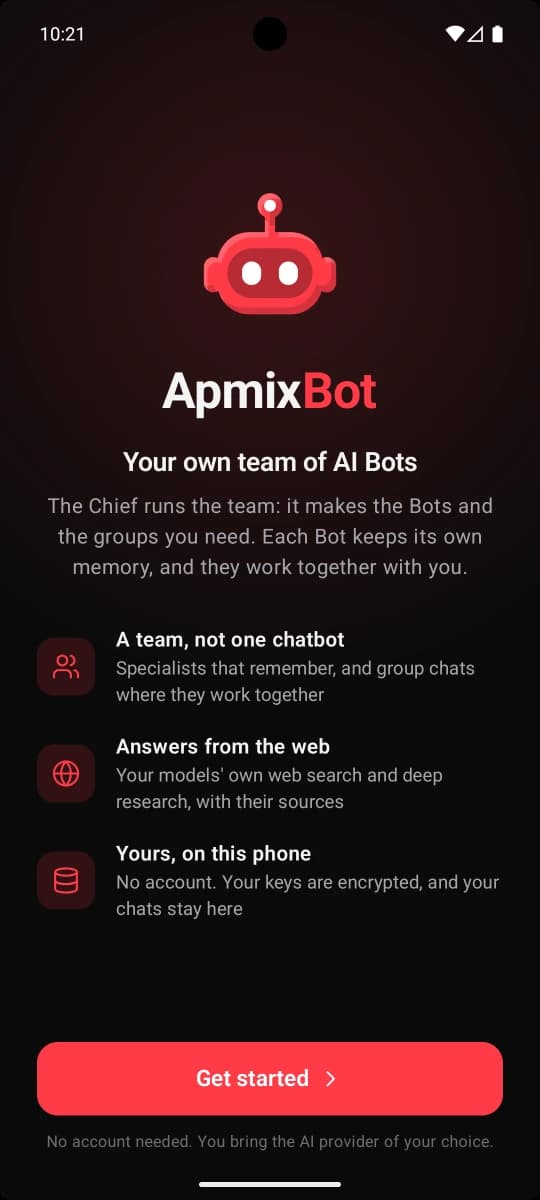 La pantalla de bienvenida de ApmixBot: el robot rojo, «Your own team of AI Bots» y un botón Get started